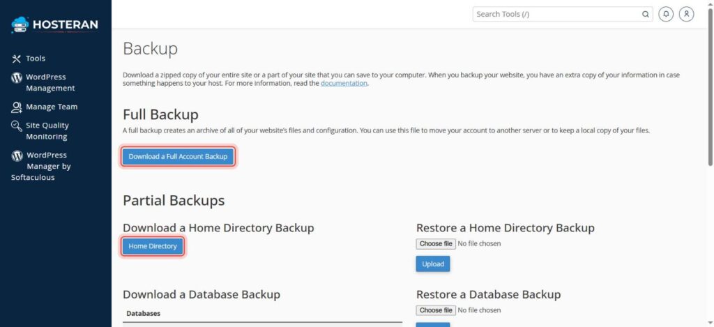 cPanel Backup page