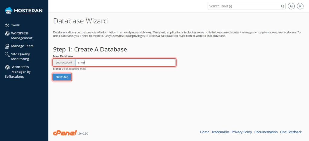 cPanel Database Wizard step 1