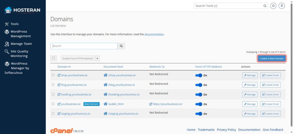 cPanel Domains list with Create A New Domain highlighted