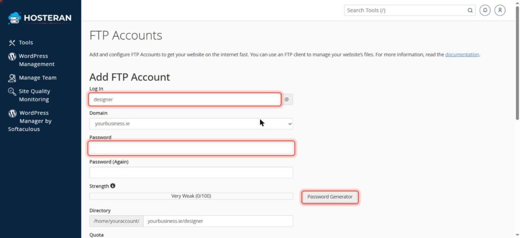 cPanel Add FTP Account form