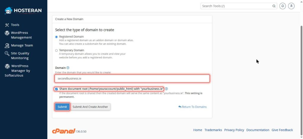 cPanel Create a New Domain form
