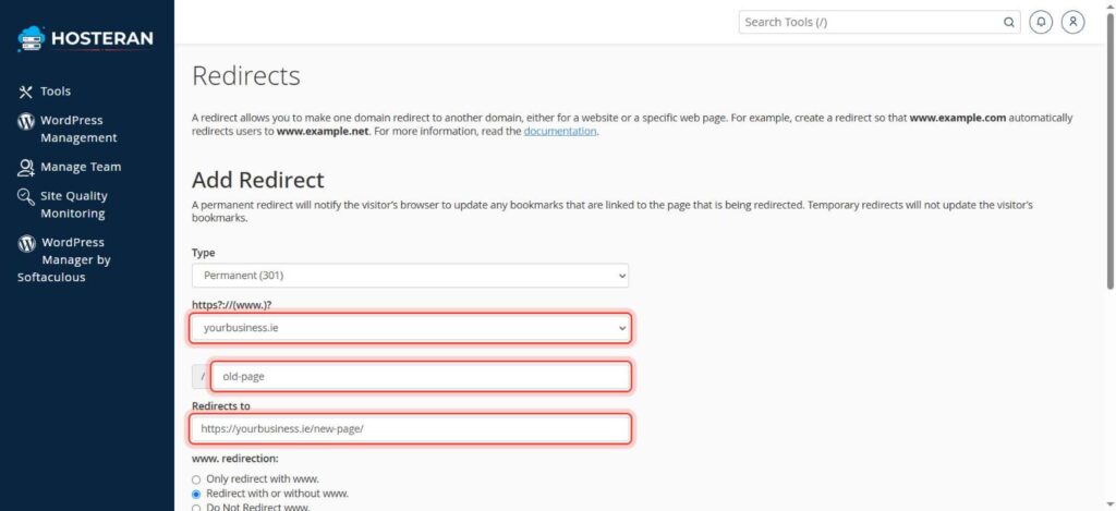 cPanel Add Redirect form