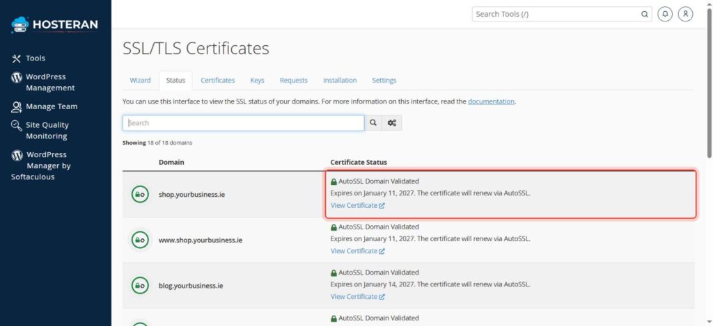 cPanel SSL/TLS Status with AutoSSL Domain Validated