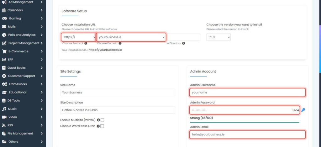 Softaculous WordPress install form
