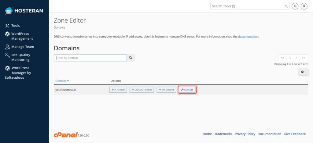 cPanel Zone Editor with Manage highlighted