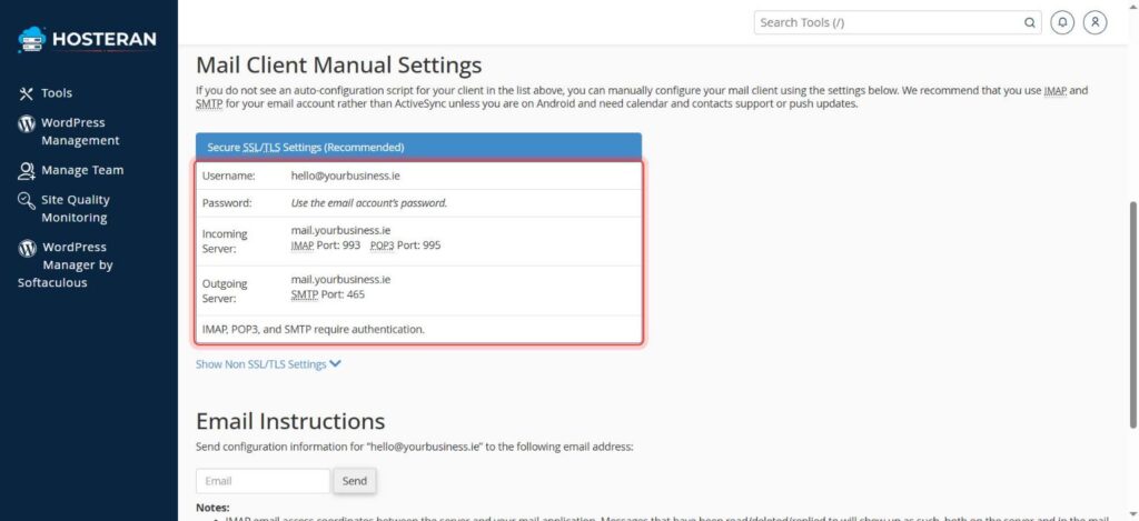 Mail Client Manual Settings with the secure settings highlighted