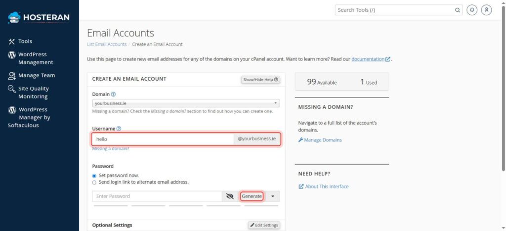 Create an Email Account form with Username and Generate highlighted