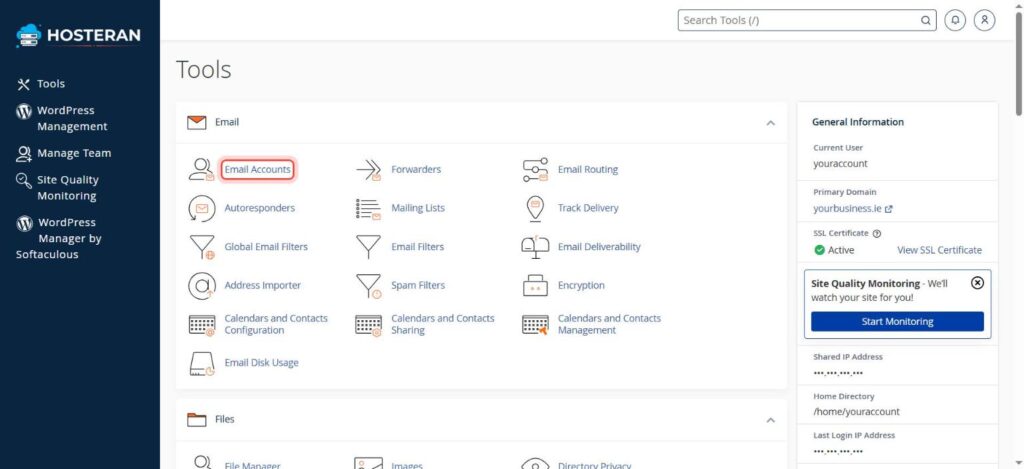 cPanel home page with Email Accounts highlighted