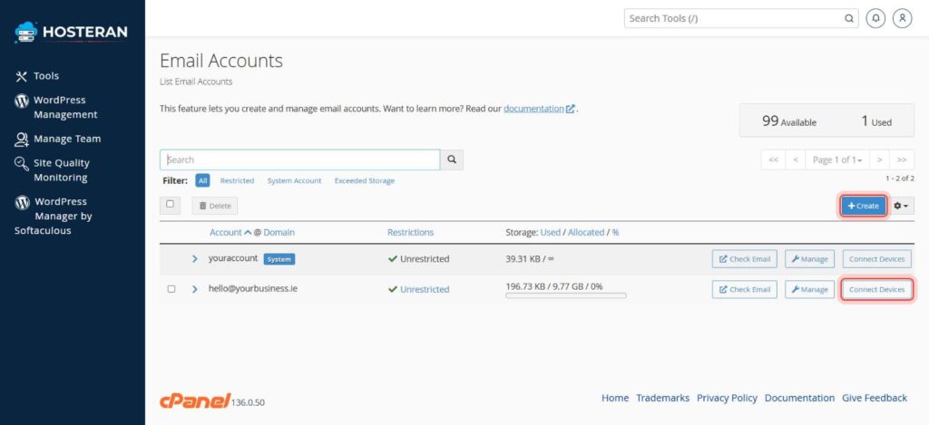 Email Accounts list with the Create button highlighted