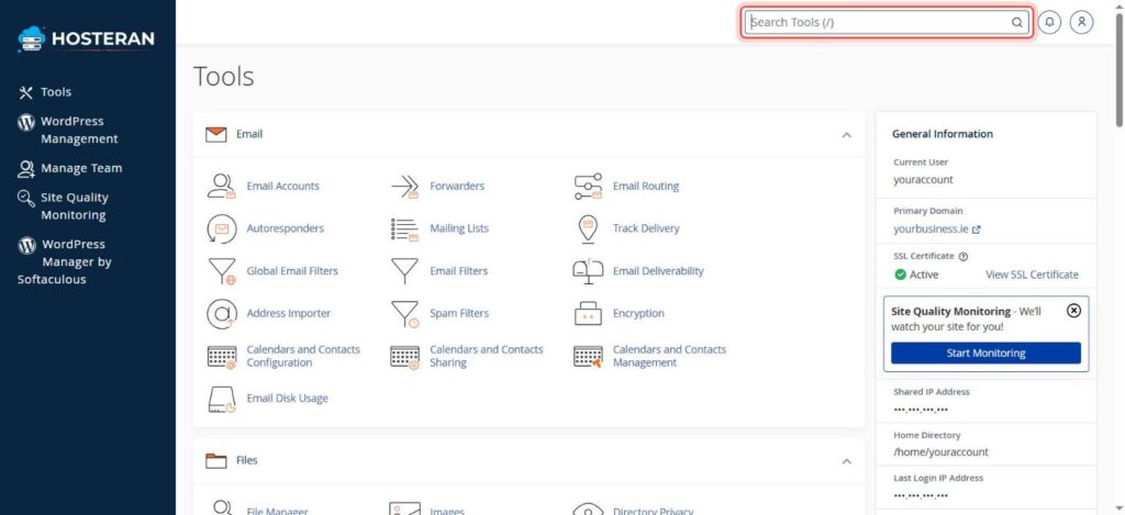 cPanel home page with the Search Tools box highlighted